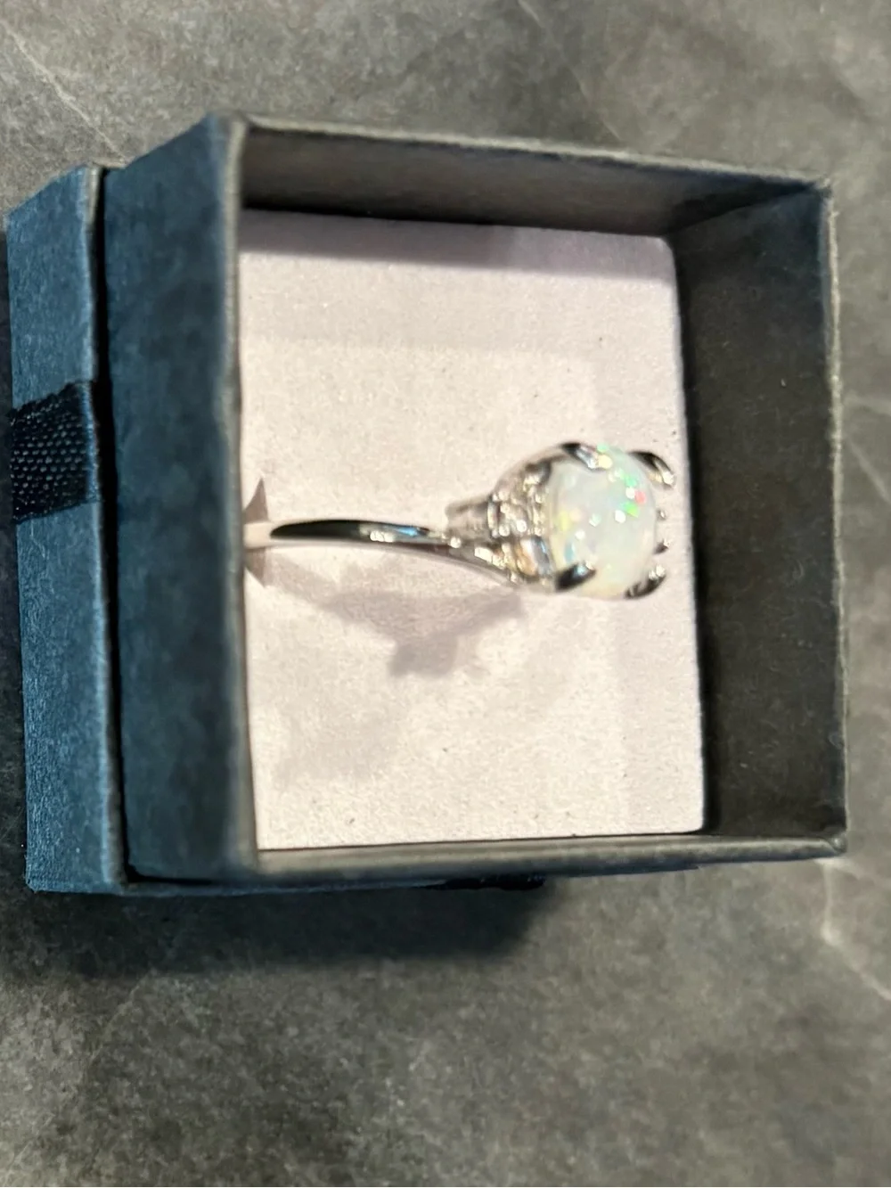 Silver Synthetic White Opal Solitaire Ring with Accent Stones~Size 10.5